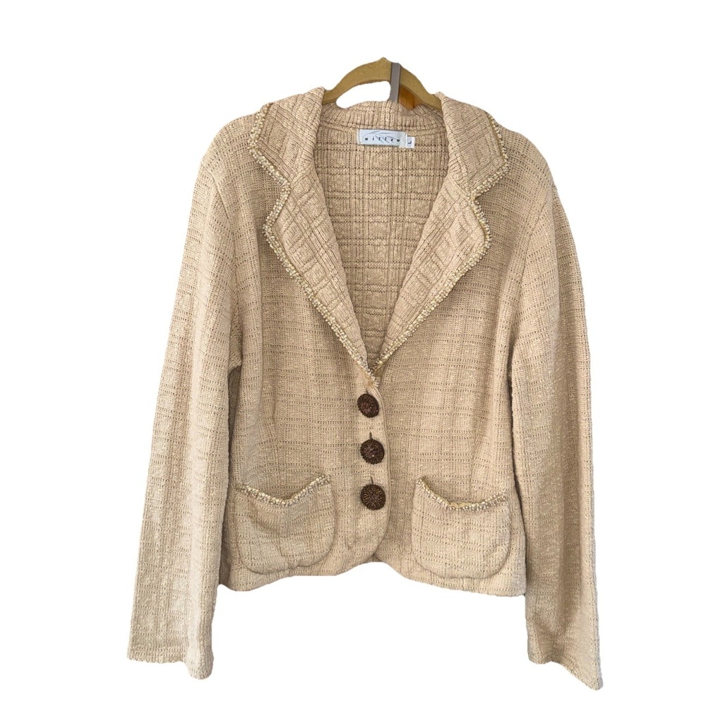 Beaded Trim Textured Knit Jacket – Large – Boutique Willow‑Style Neutral Layer